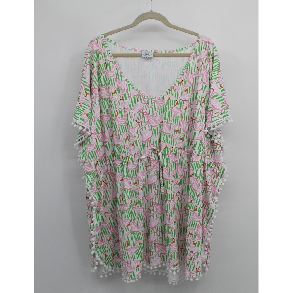 Pink Flamingo Kimono Style Swimsuit Cover Up PomPom Trim 3XL Preppy Coastal EXC